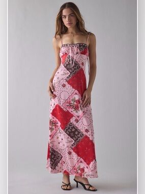 Spaghetti Strap Patchwork Floral Maxi Dress - Pink/Red